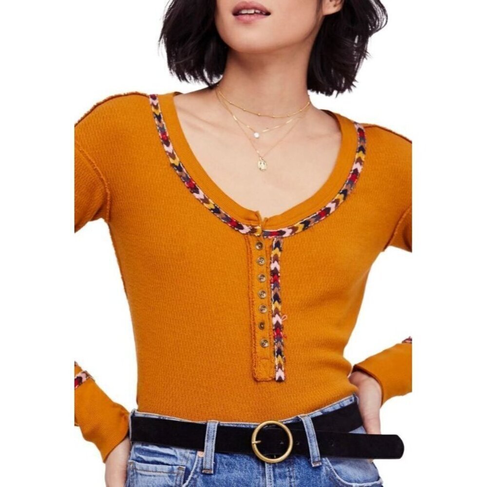 We The Free People Mustard Yellow Rainbow Embellished Thermal Top Size Medium
